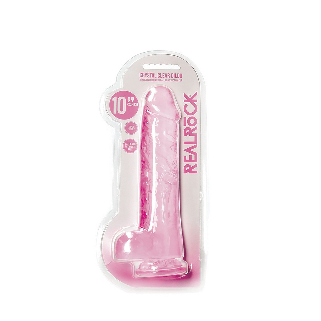DILDO REALISTA COM TESTÍCULOS CRYSTAL CLEAR10 /25,4 CM ROSA REALROCK