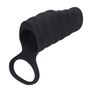 MANGA VIBRATÓRIA DE SILICONE COM ESTRIAS PARA O PÊNIS E ANEL PARA OS TESTÍCULOS PRETO - Image 2